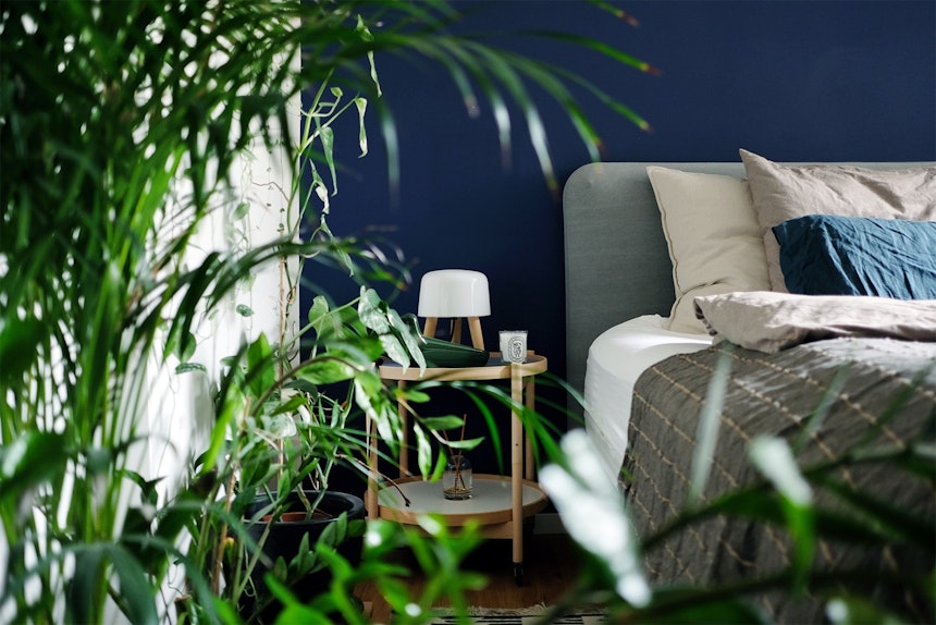 Schlafzimmer in Grün und Blau – Pflanzen, Wandfarbe von Kolorat, Bølling Tray Table (Brdr. Krüger), Milk Tischleuchte (& Tradition), Bett von Treca Paris